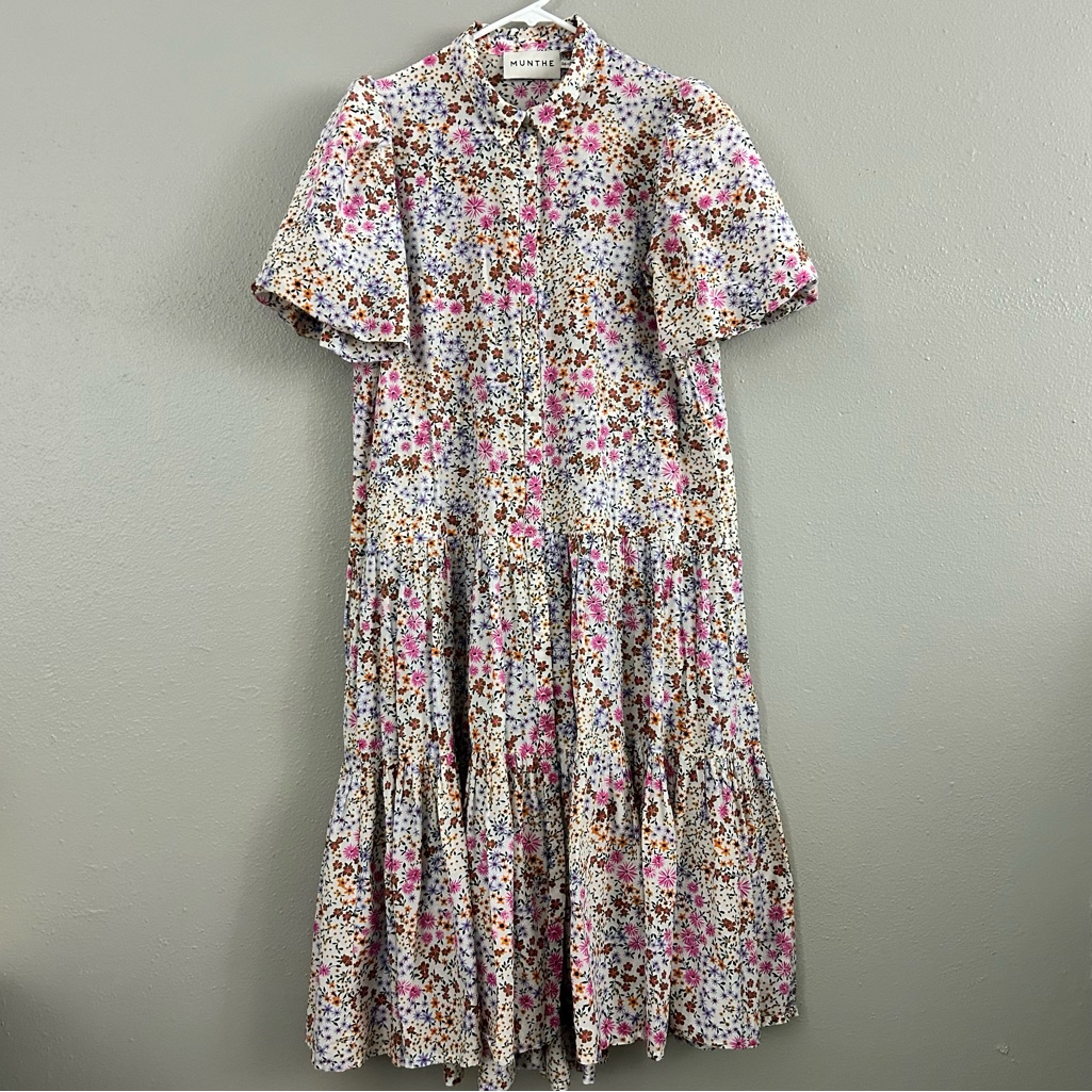 Munthe Cevelyn Floral Organic Cotton & Silk Blend Tiered Midi Dress Size 36 Us 8